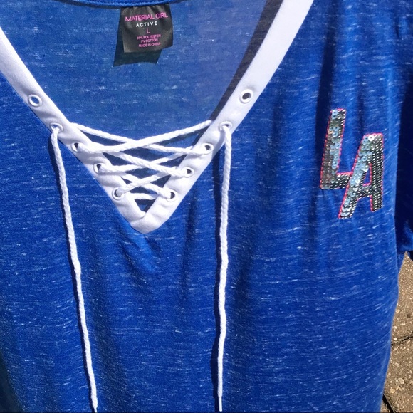 Material Girl Lace up V-neck “LA” Bling T-shirt - Picture 2 of 16